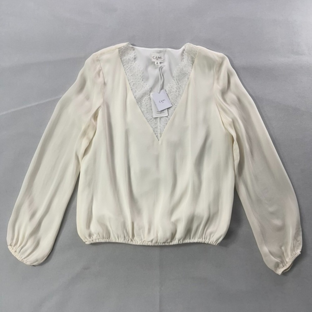 Cami NYC Top Women Medium White 100% Silk Long Sleeve V-Neck Lace Trim NEW - Picture 7 of 15